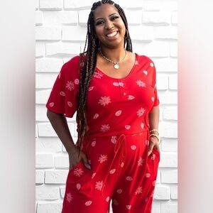 LuLaRoe Womens Large Xanthe Romper Red Bell Sleeves & V-Neck Casual Elegant